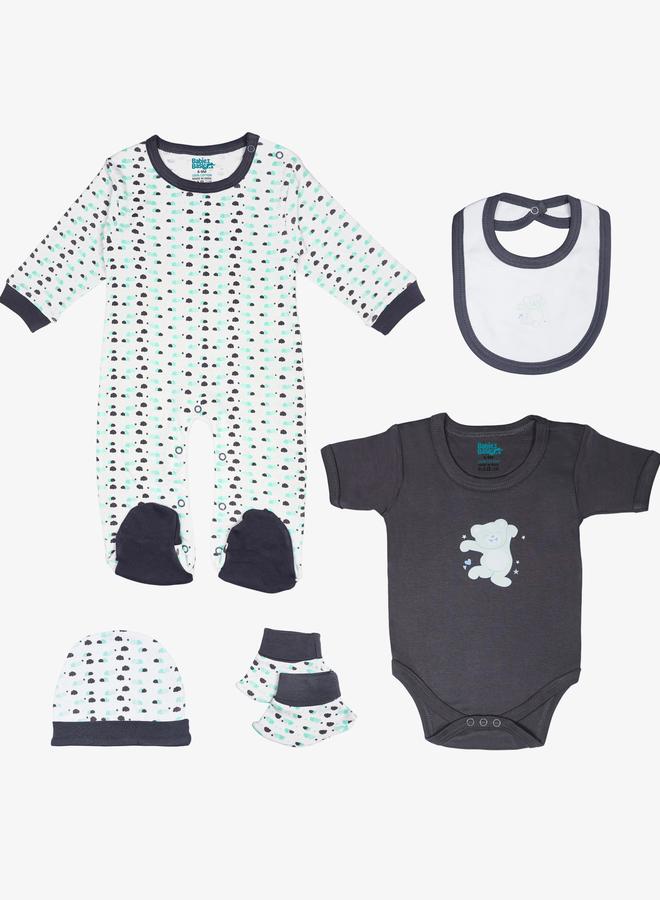 Babies Basic 5-Piece 100% Cotton Bib, Romper, Mittens, Cap and Sleepsuit Set - Image 1